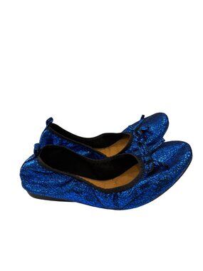 Bernie Mev Curlies Bow Flat Shoes Blue Metallic Textured Ballet Flats Size 41